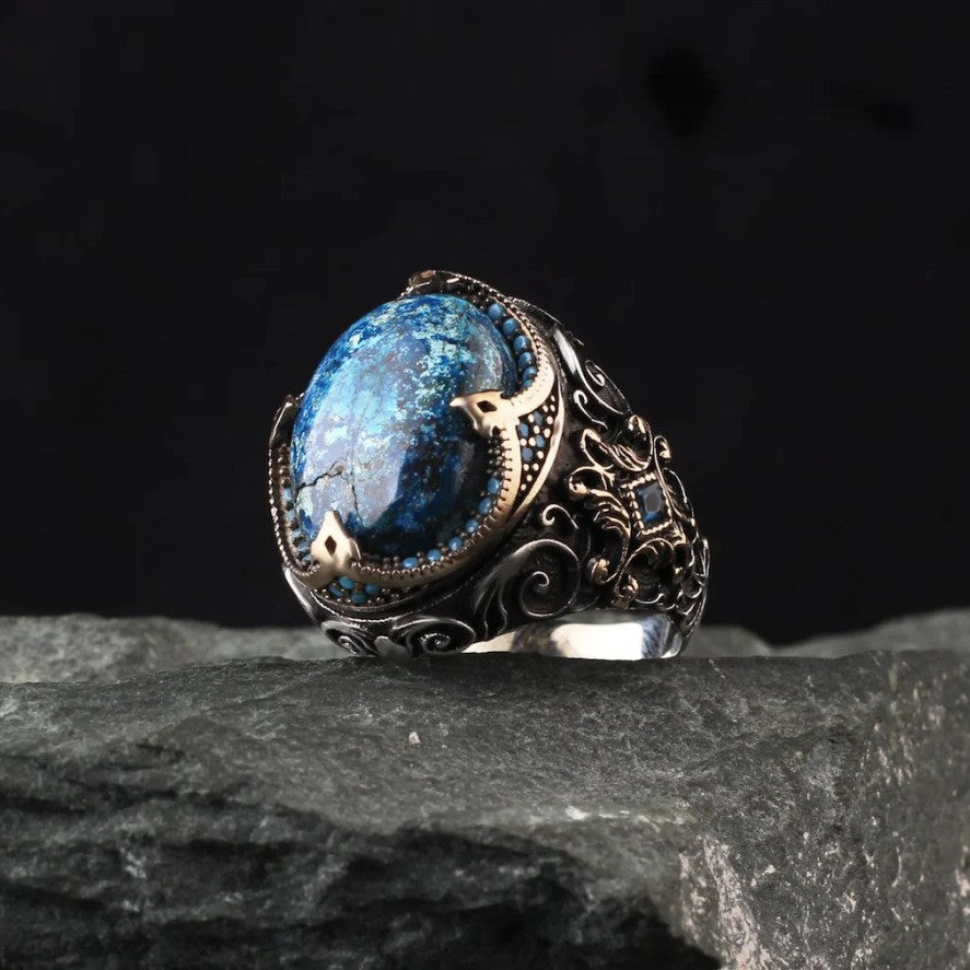 Retro Blue Opal Silver Ring, Punk Hip-Hop Exaggerated Men's Jewelry, Fixed Size