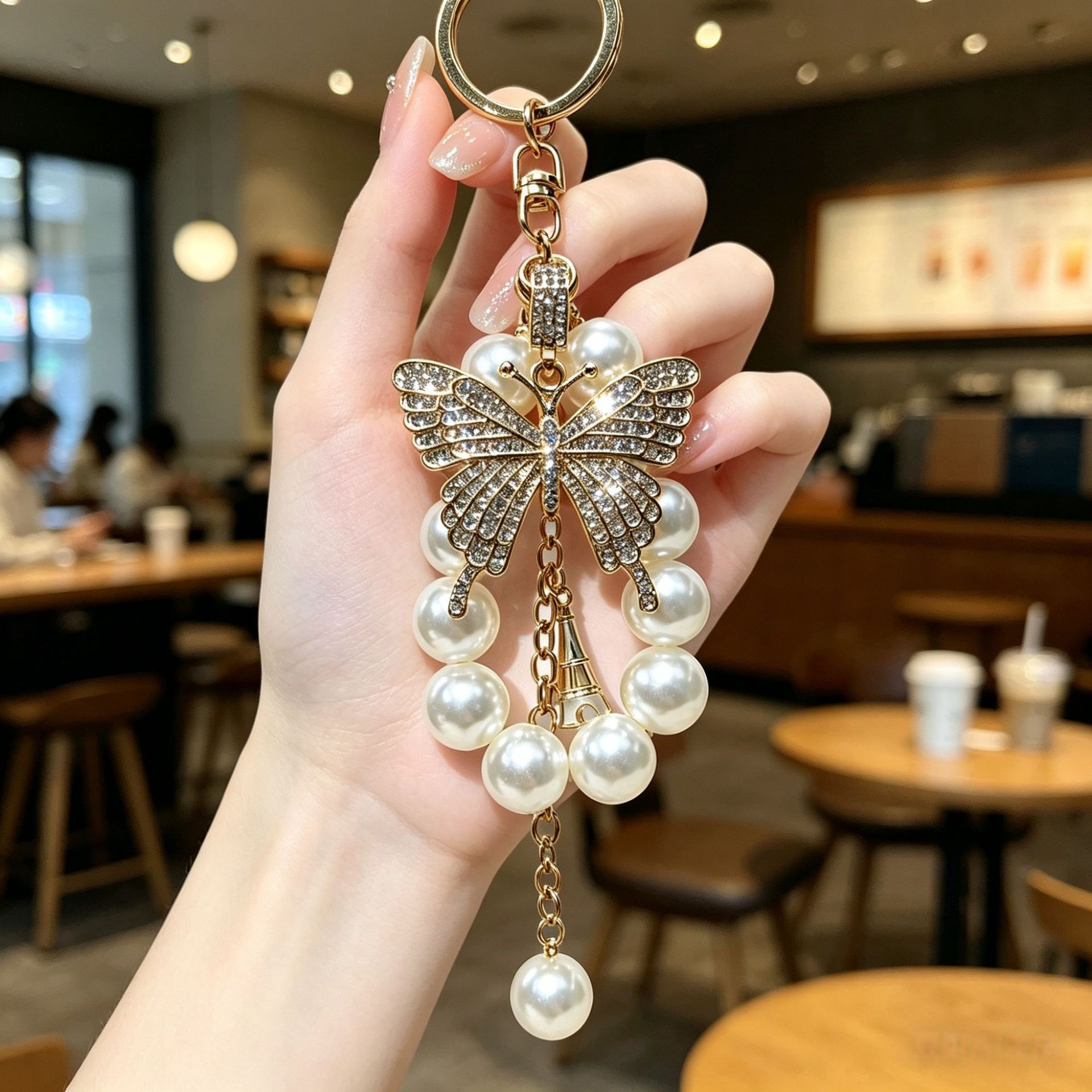Pearl-style Colorful Butterfly Keychain With Sparkling Diamond Accents Made Of Metal Alloy