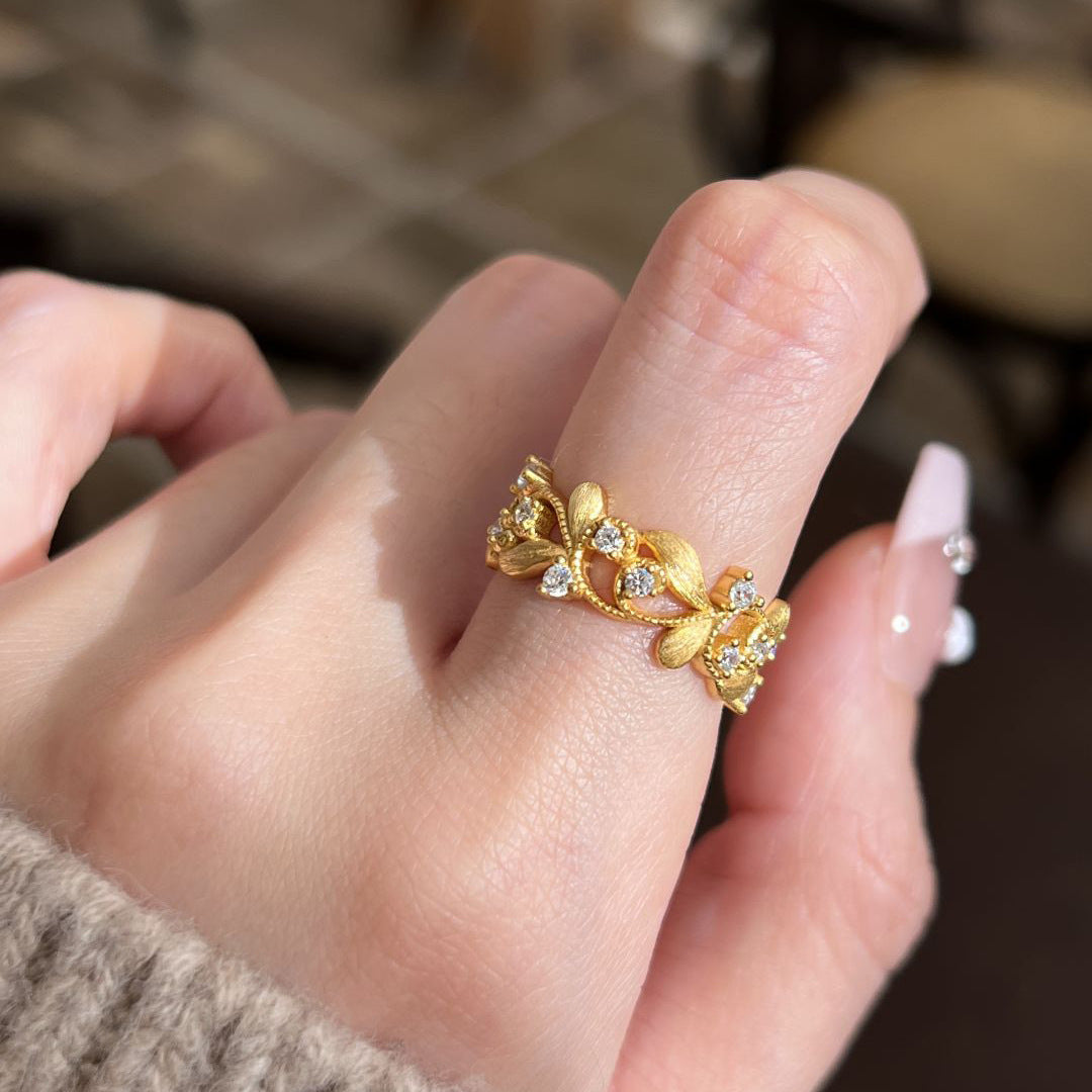 Golden Branch & Leaf Ring For Women, Niche Fashion Light Luxury High-End Adjustable Open Ring