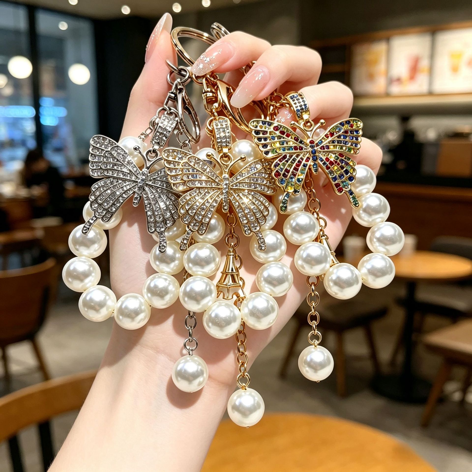 Pearl-style Colorful Butterfly Keychain With Sparkling Diamond Accents Made Of Metal Alloy