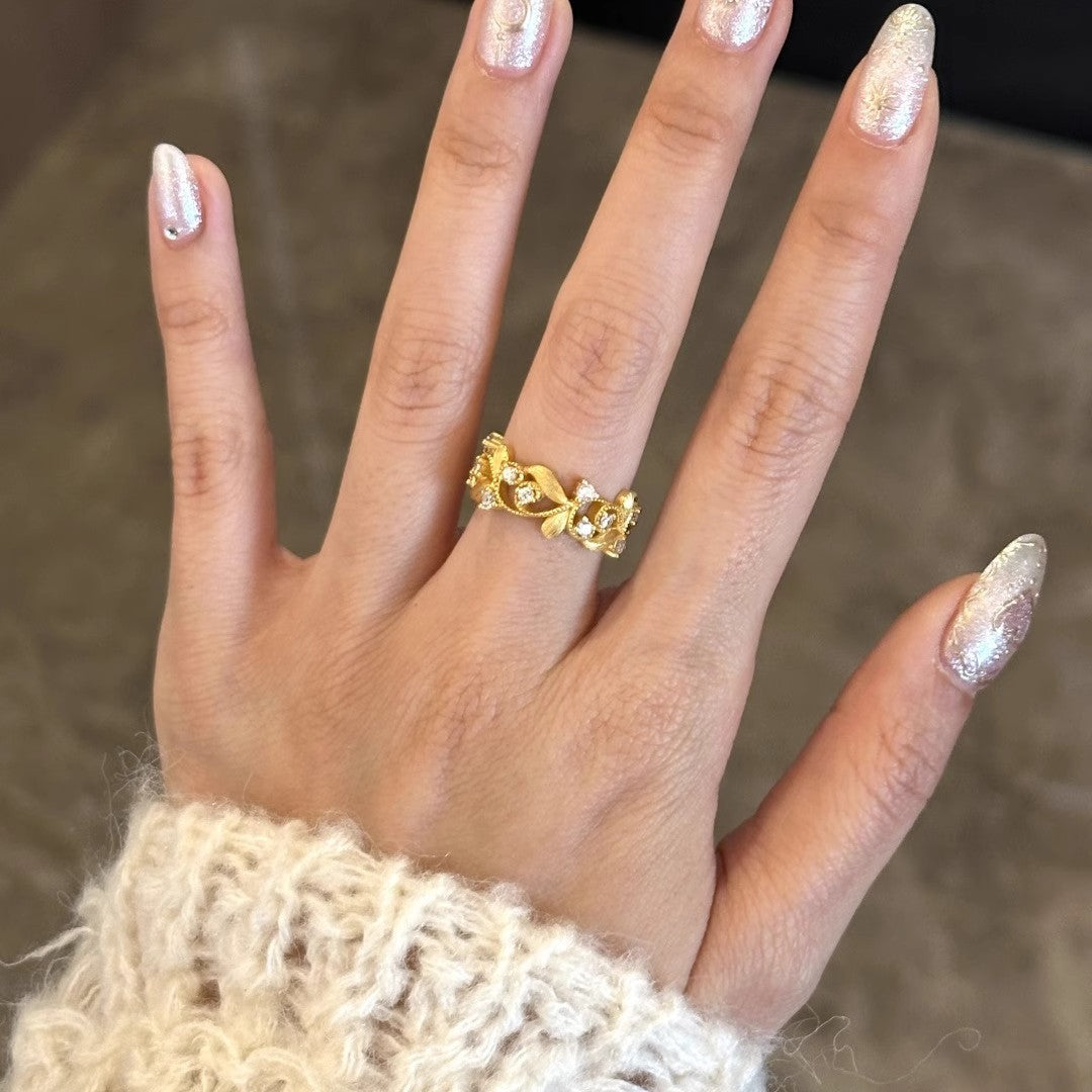 Golden Branch & Leaf Ring For Women, Niche Fashion Light Luxury High-End Adjustable Open Ring