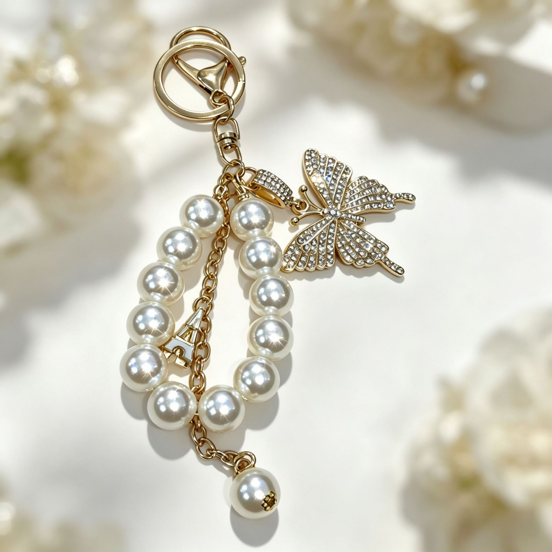 Pearl-style Colorful Butterfly Keychain With Sparkling Diamond Accents Made Of Metal Alloy