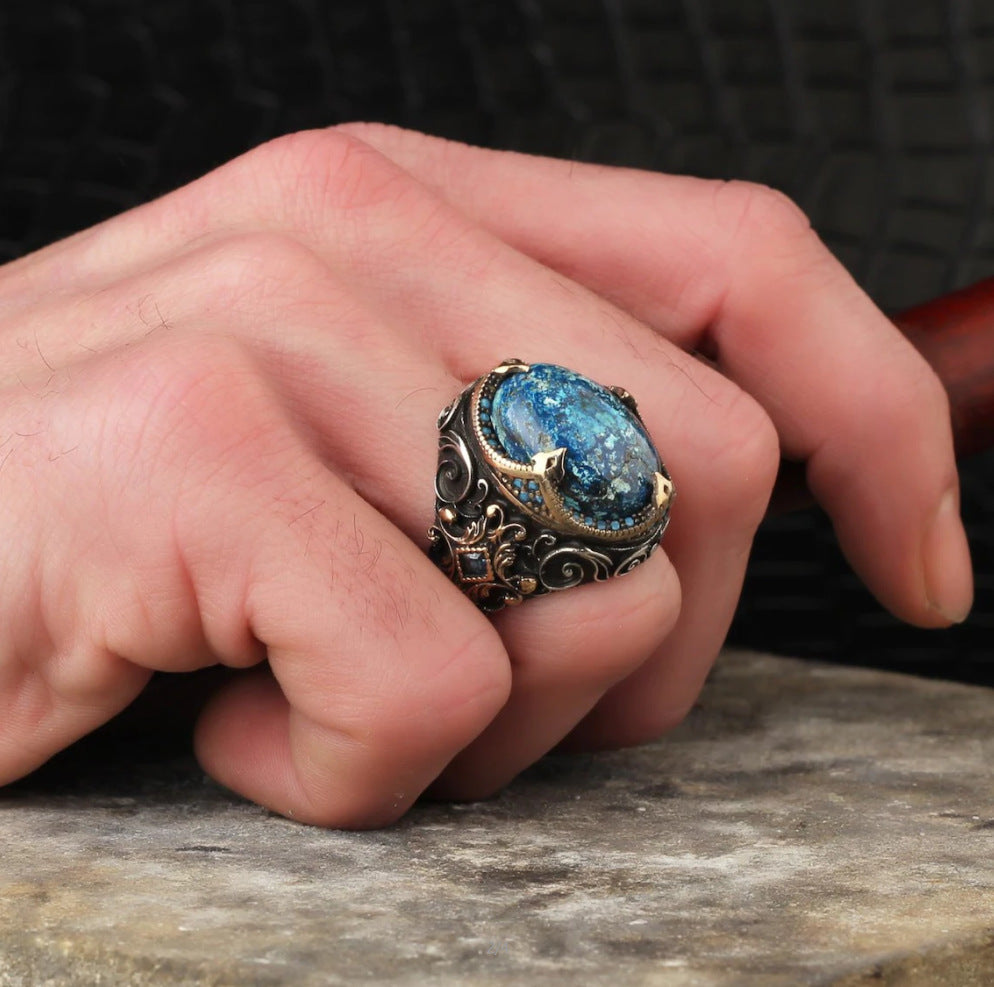 Retro Blue Opal Silver Ring, Punk Hip-Hop Exaggerated Men's Jewelry, Fixed Size