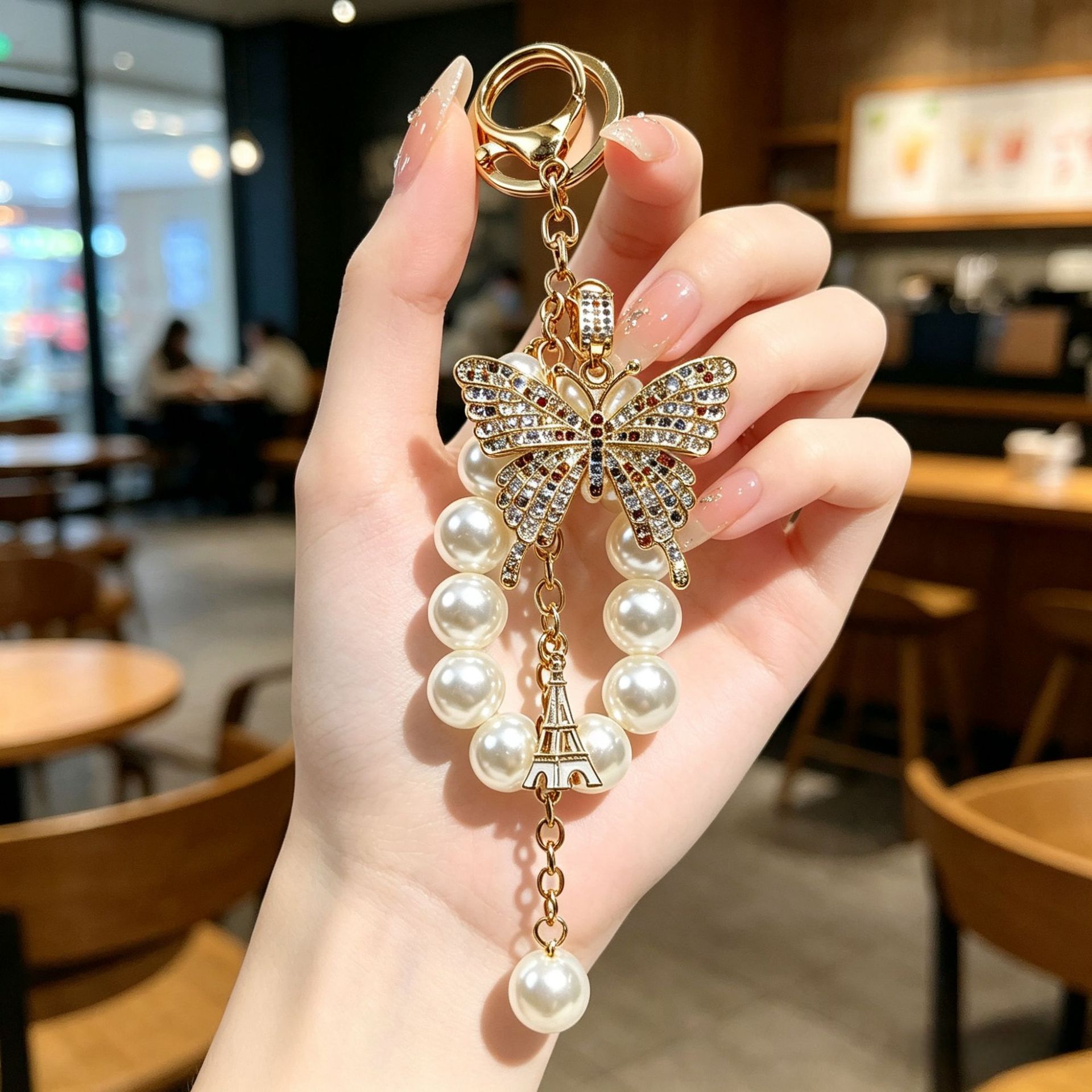 Pearl-style Colorful Butterfly Keychain With Sparkling Diamond Accents Made Of Metal Alloy