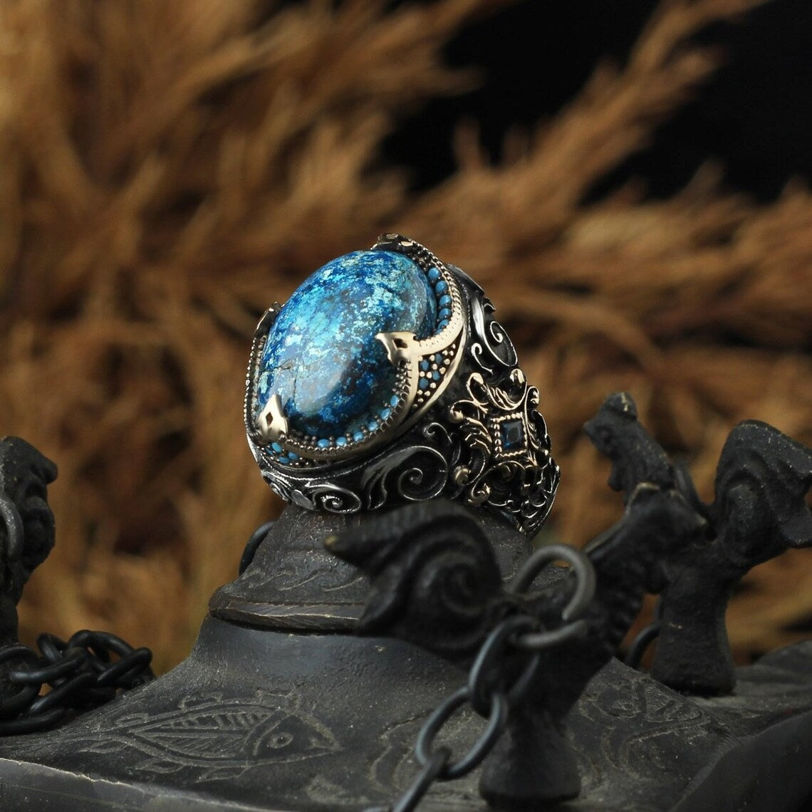 Retro Blue Opal Silver Ring, Punk Hip-Hop Exaggerated Men's Jewelry, Fixed Size