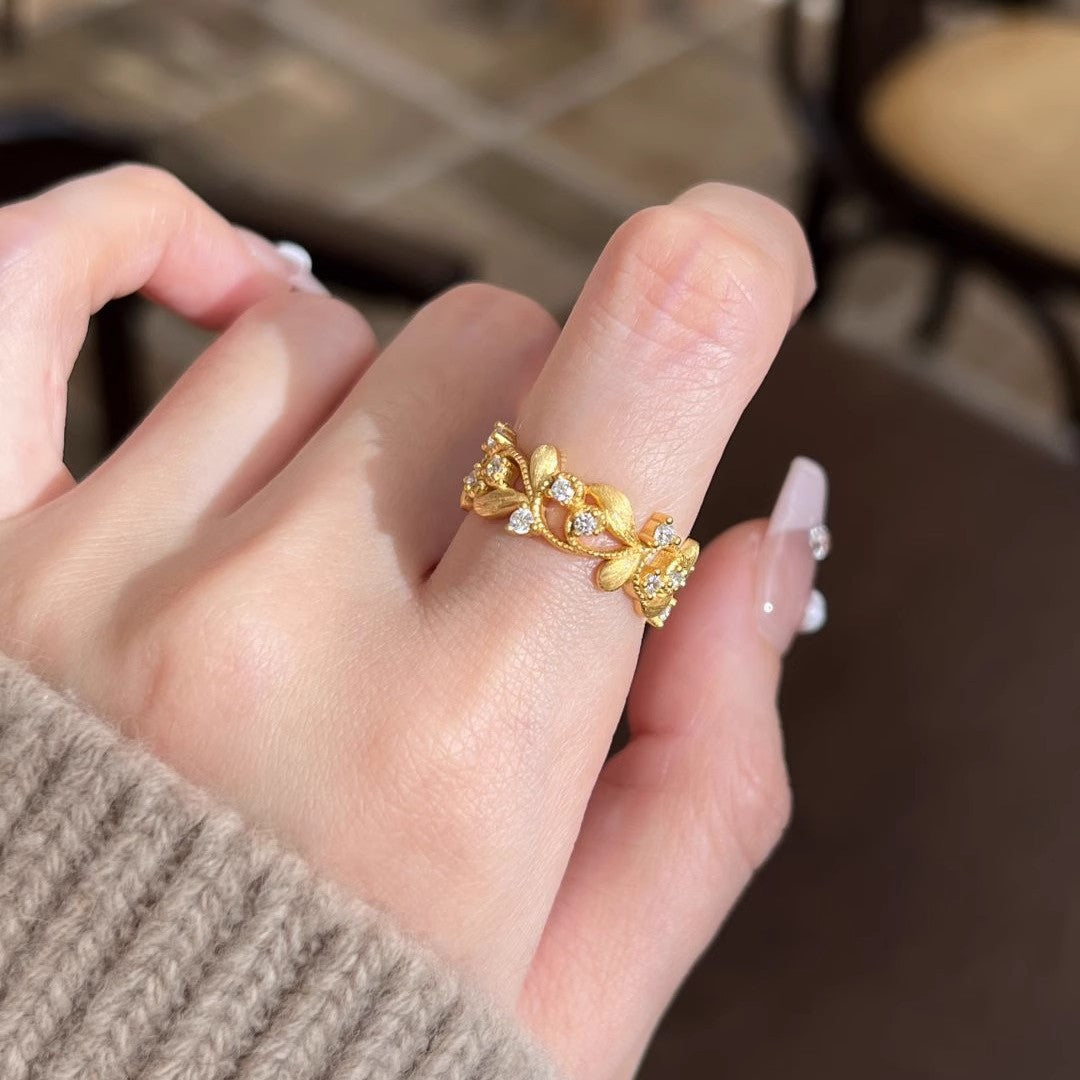 Golden Branch & Leaf Ring For Women, Niche Fashion Light Luxury High-End Adjustable Open Ring