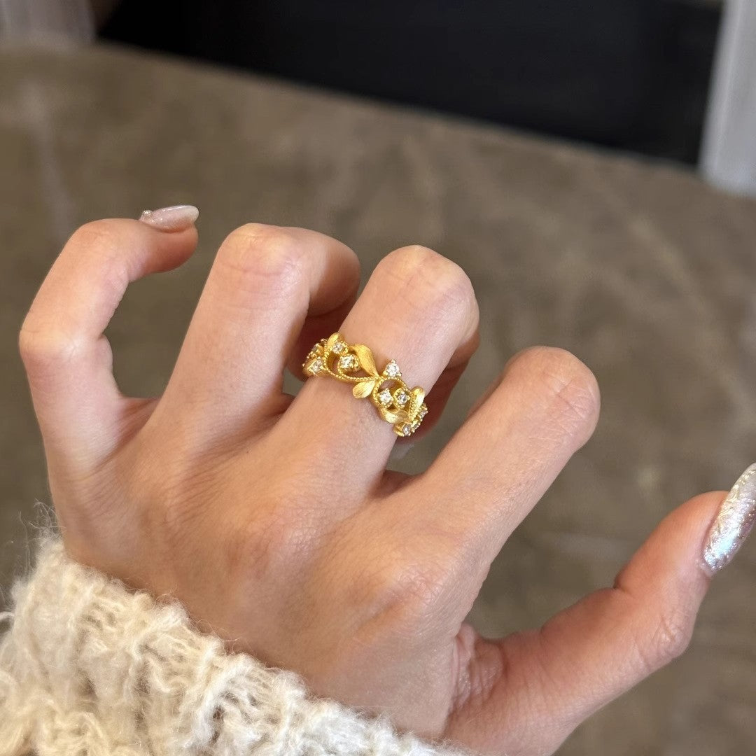 Golden Branch & Leaf Ring For Women, Niche Fashion Light Luxury High-End Adjustable Open Ring