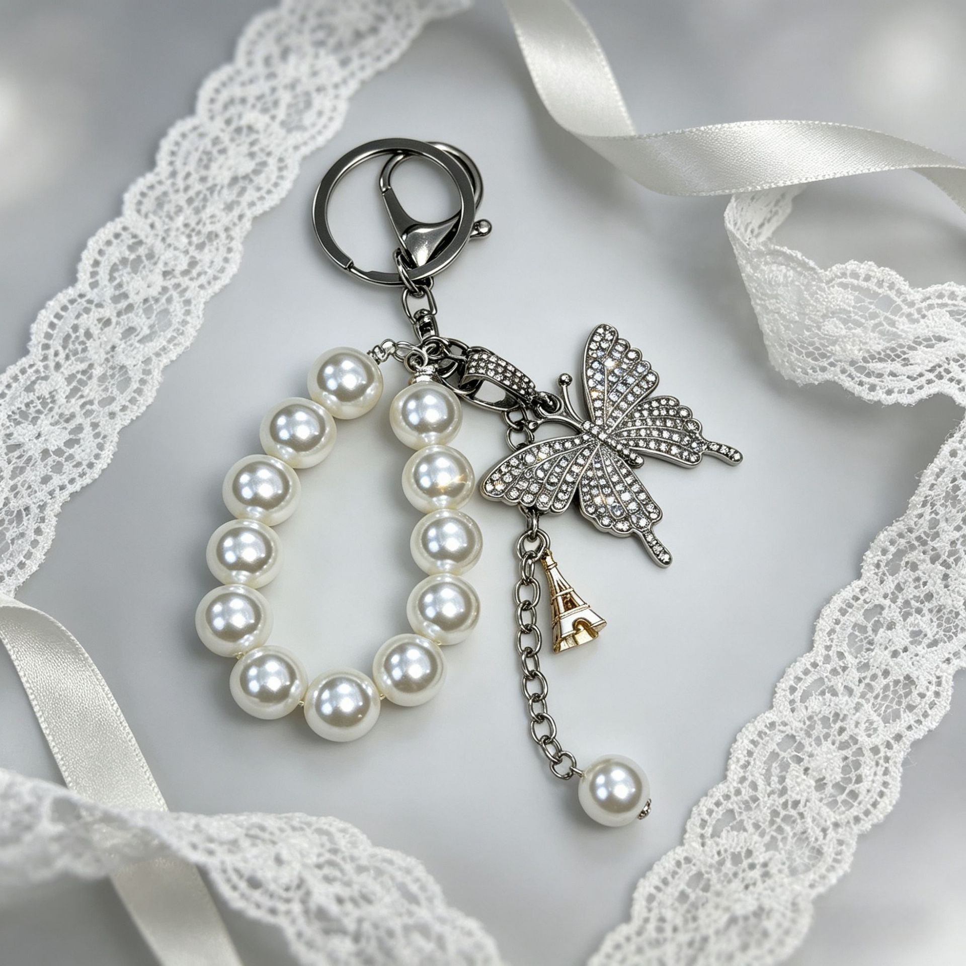 Pearl-style Colorful Butterfly Keychain With Sparkling Diamond Accents Made Of Metal Alloy