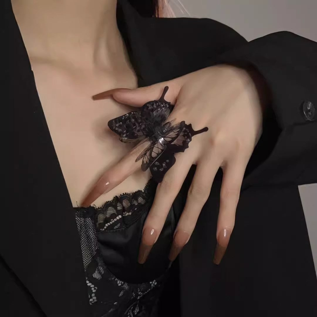 Women Index Finger Ring, Exaggerated Large Gothic Dark Aesthetic Moth Butterfly, Niche Design Sexy Stylish Statement Ring