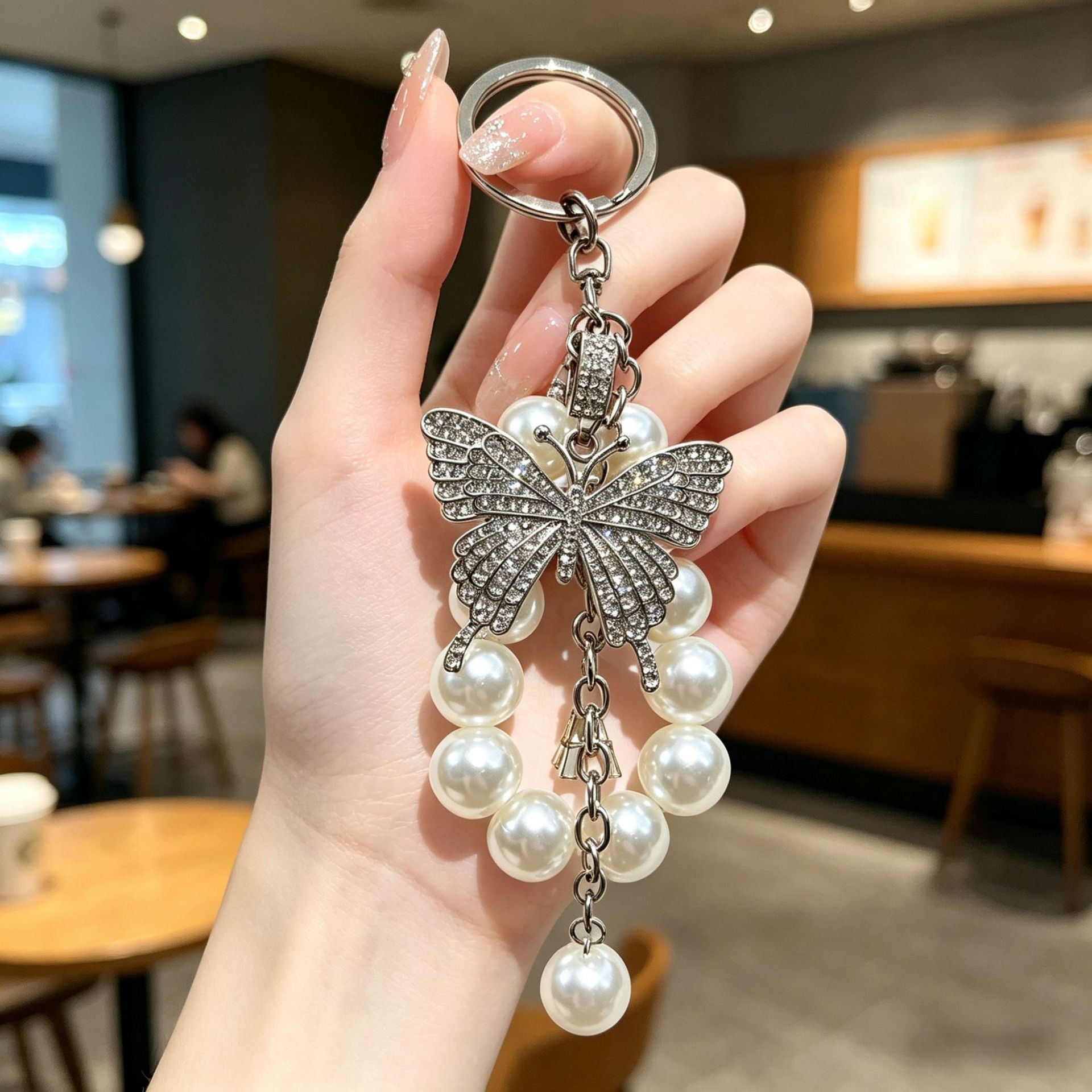 Pearl-style Colorful Butterfly Keychain With Sparkling Diamond Accents Made Of Metal Alloy
